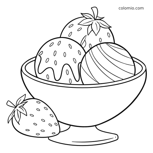 Een eenvoudige ijsbeker met drie bolletjes ijs en aardbeien, met één aardbei buiten de kom en dikke duidelijke lijnen.