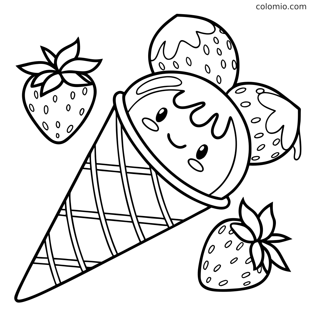 En jordbærisvaffel med en smilende iskugle og flere jordbær omkring i en enkel sort-hvid stregtegning.