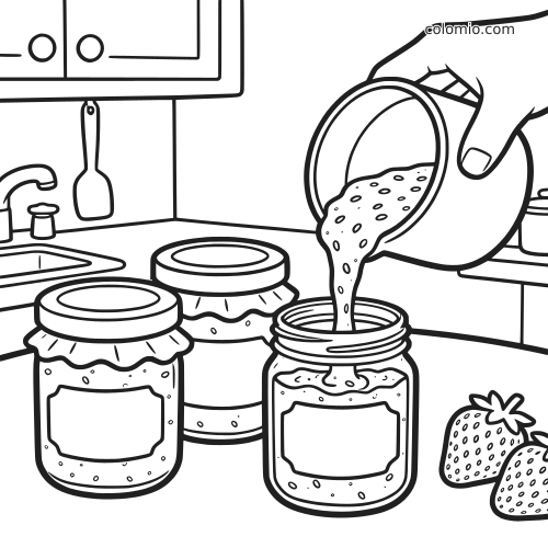 Zwart-witte lijntekening van aardbeienjam die in glazen potten op een keukentafel wordt gegoten, naast verse aardbeien.
