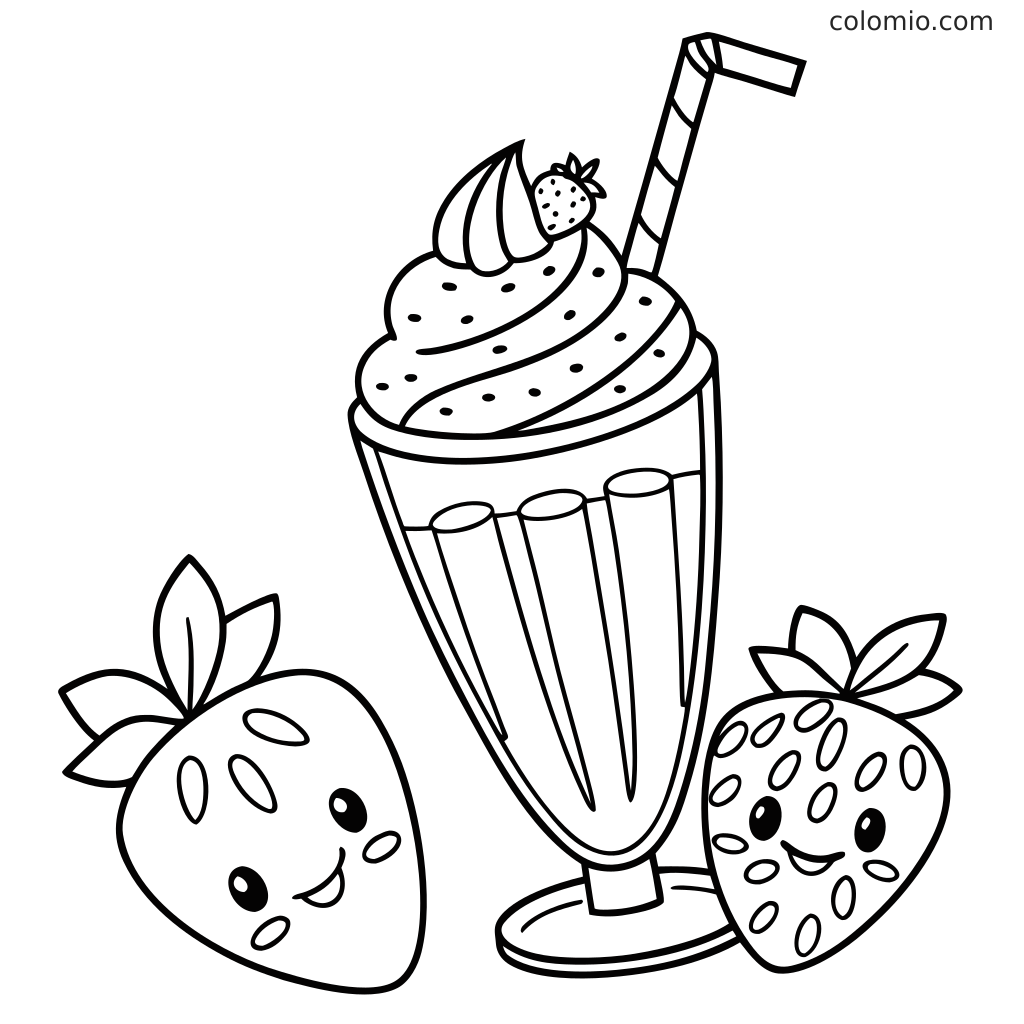 Et sjovt malebillede med en jordbærmilkshake og smilende jordbær.