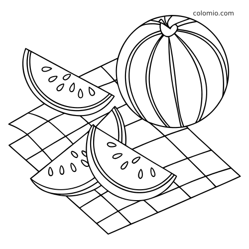 Disegno in bianco e nero con un’anguria intera e diverse fette appoggiate su un plaid da picnic a quadri.