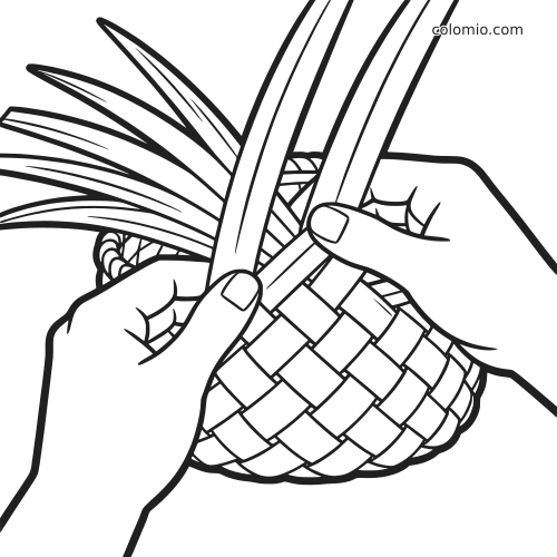 Ilustração em preto e branco de duas mãos tecendo folhas de palmeira para formar uma pequena cesta de palha.