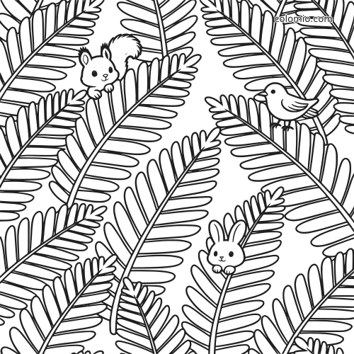 Desenho para colorir em preto e branco com grandes folhas de samambaia e animais da floresta, incluindo um esquilo, um pássaro e um coelho.