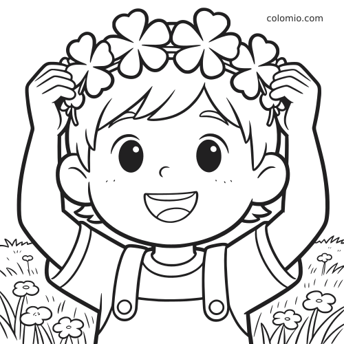 Ilustração de uma criança sorrindo no campo, segurando uma coroa de trevos de quatro folhas, com flores simples ao redor.
