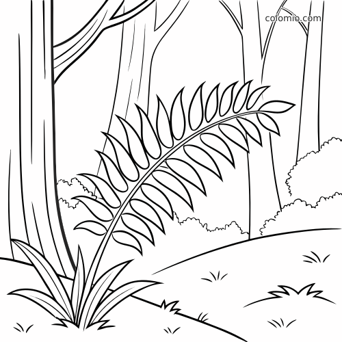 Desenho em linhas de uma folha de samambaia se abrindo em uma floresta sombria, com troncos altos e arbustos ao fundo.