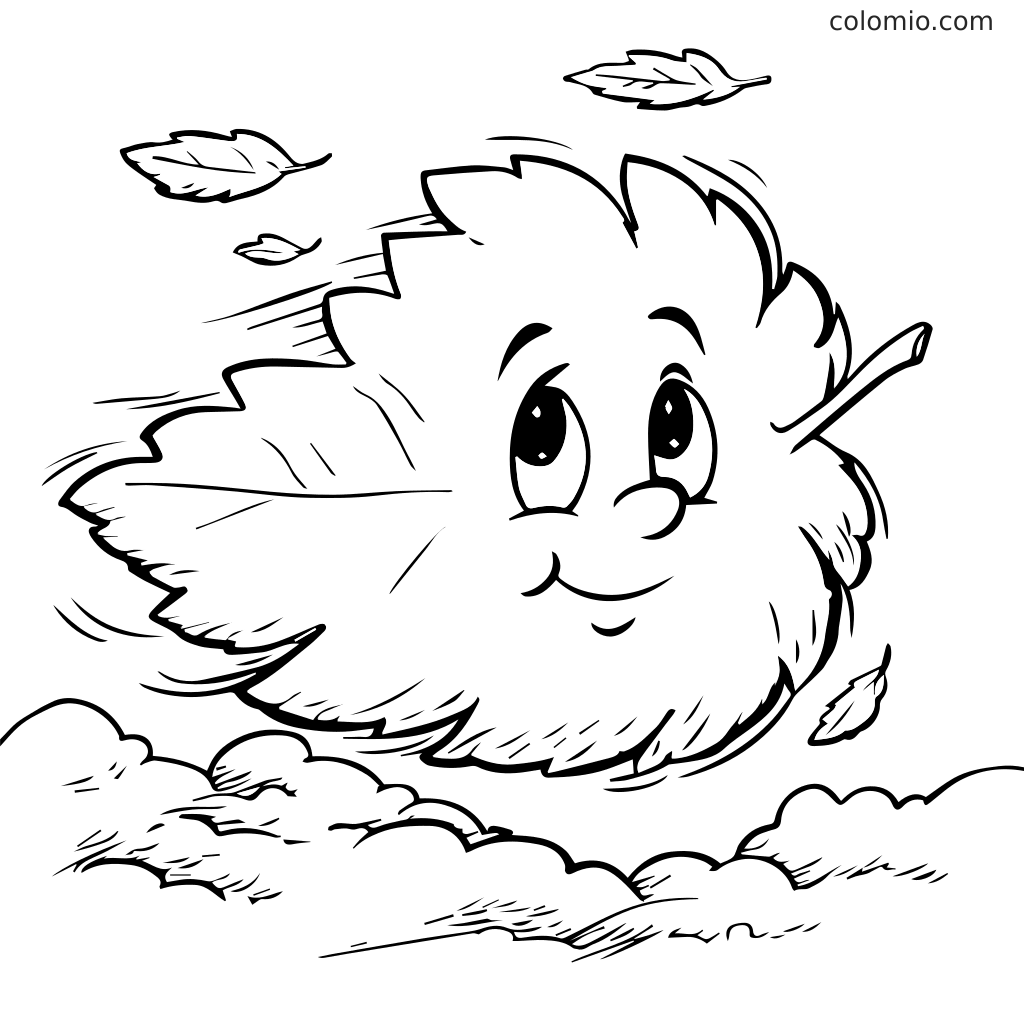 Un personnage de feuille joyeuse avec un visage souriant soufflant dans le vent, entouré d'autres feuilles.