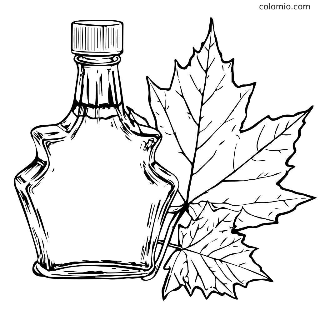 Line art illustration of a maple syrup bottle next to maple leaves for coloring.