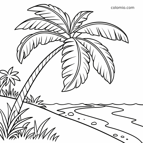Desenho em preto e branco de um coqueiro inclinado com folhas grandes à beira de uma praia tropical com mar ao fundo.