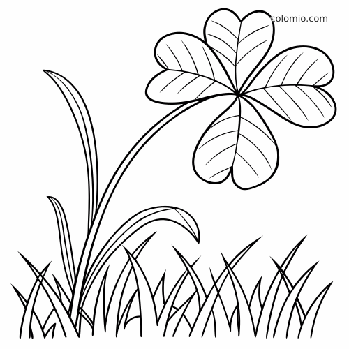 Desenho em linhas de um trevo de quatro folhas com caule longo, acima de grama alta no campo.
