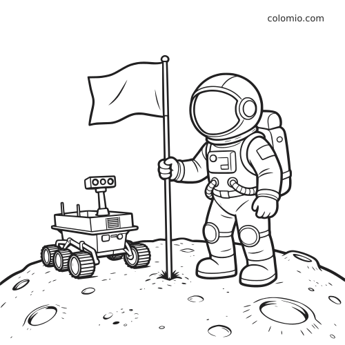 Mustavalkoisessa värityskuvassa astronautti seisoo kuun pinnalla lipun vieressä, ja vieressä on pieni kuukulkija sekä kraattereita.
