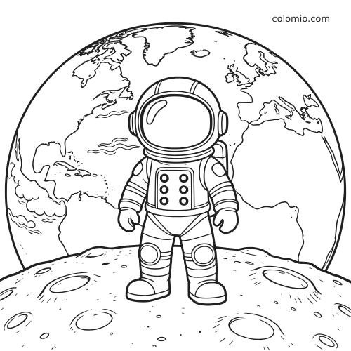 Edestä päin näkyvä astronautti seisoo kuun pinnalla, ja suuri maapallo täyttää taustan mustavalkoisessa ääriviivakuvassa.
