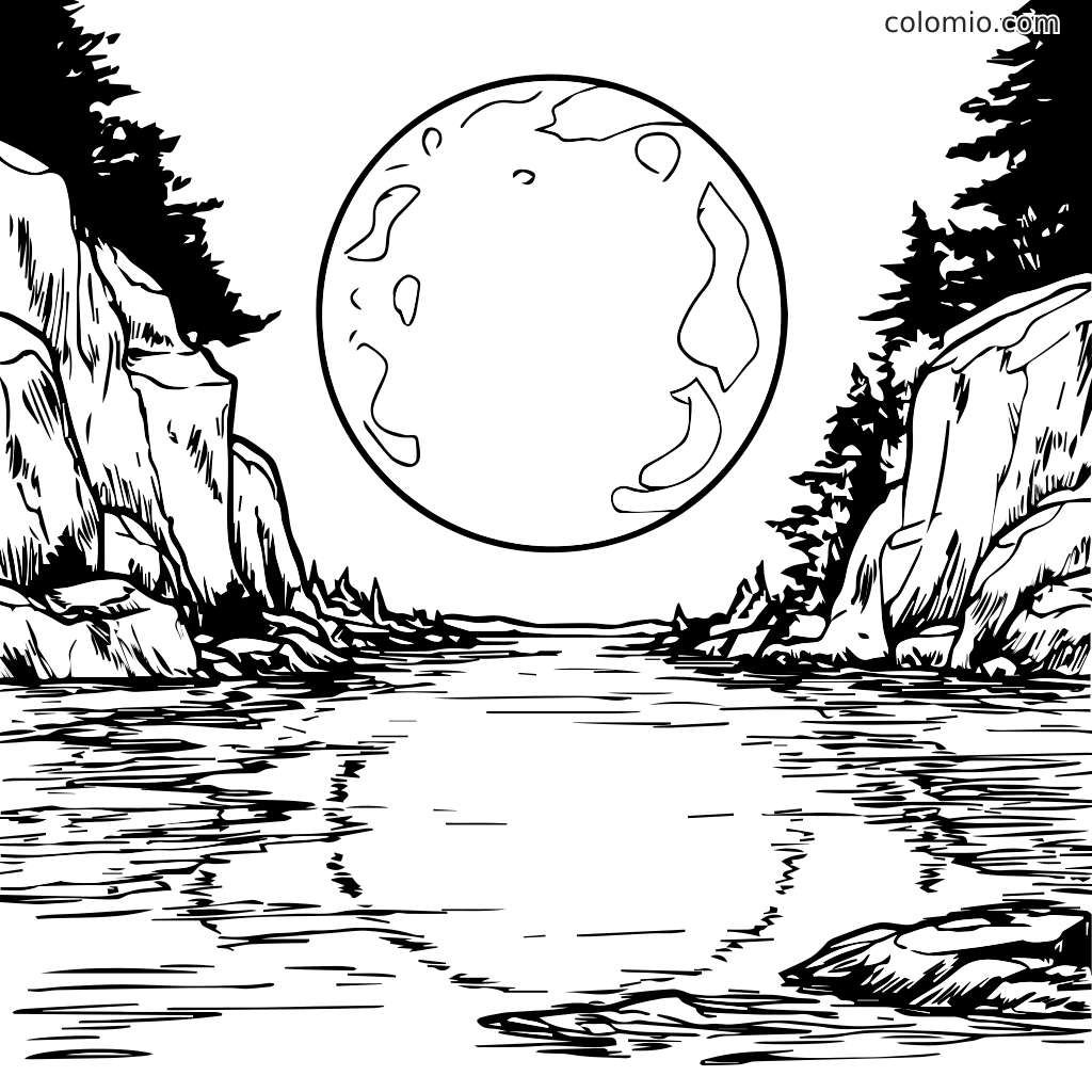 En svartvit färgläggningssida med ett flodlandskap under en stor måne, omgiven av träd och stenar.