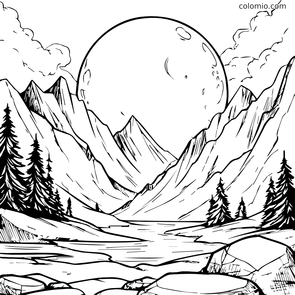 Page à colorier : Paysage de montagne avec lune Une page à colorier détaillée en noir et blanc d'un paysage de montagne avec de grands arbres, une rivière et une grande lune dans le ciel.