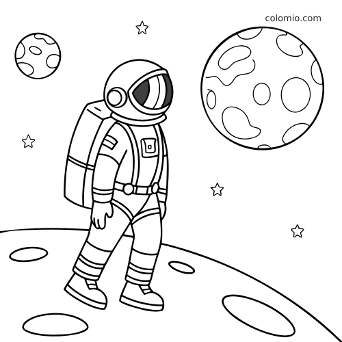 Sivulta näkyvä astronautti kävelee kuun pinnalla, taustalla näkyy tähtiä sekä kaksi planeettaa mustavalkoisessa ääriviivakuvassa.