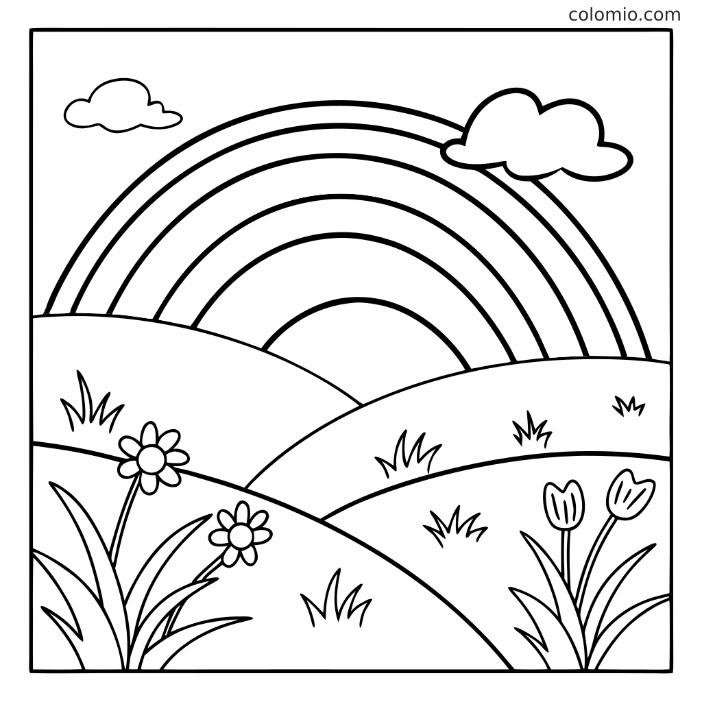 Un arcobaleno si inarca sopra dolci colline con nuvole, erba, margherite e tulipani in un semplice disegno di paesaggio da colorare.