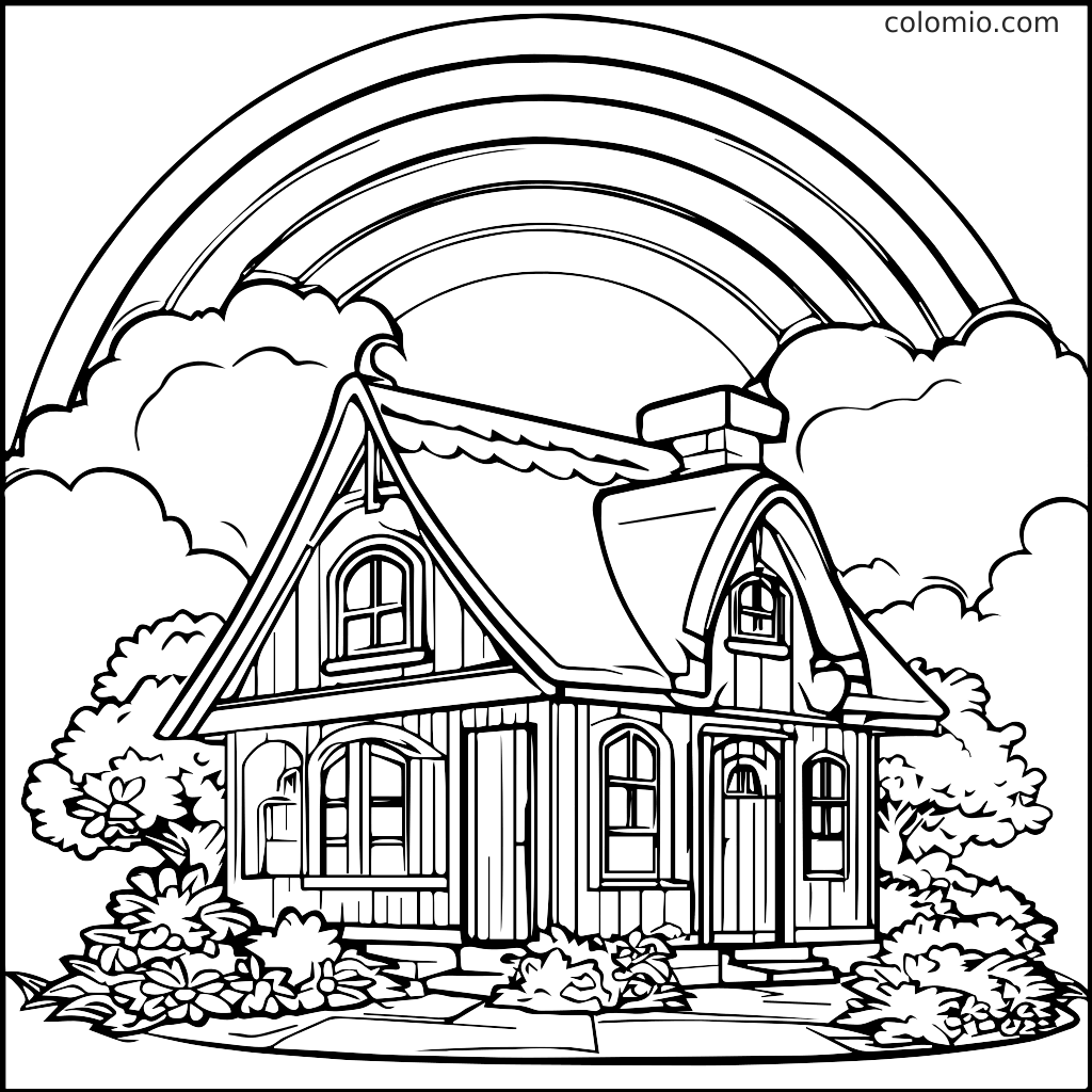 A detailed coloring page featuring a charming house under a rainbow and clouds, perfect for kids.