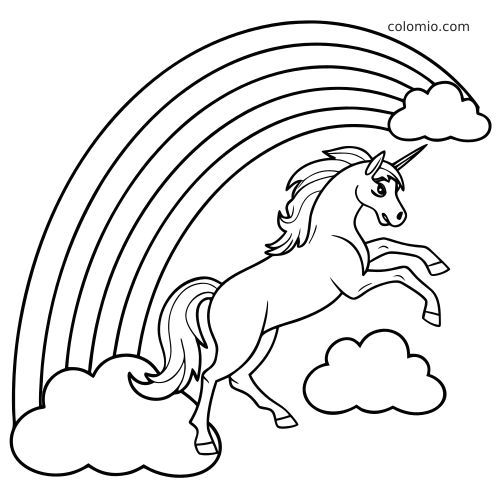 Um unicórnio empinado aparece sob um grande arco-íris, cercado por nuvens, em um desenho simples em preto e branco.