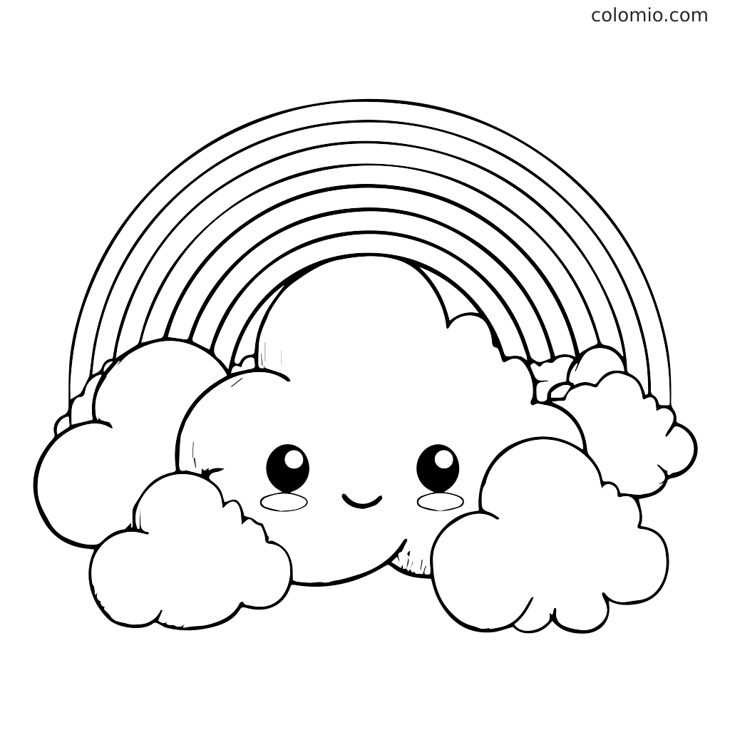 Uma nuvem alegre com um rosto sorridente e um arco-íris acima, projetada para colorir.