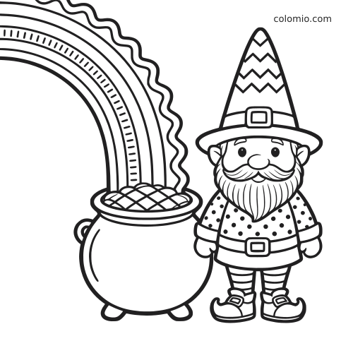 Leprechaun seisoo kultapadan vieressä, ja sateenkaari kaartuu pataan yksinkertaisessa piirroskuvassa.