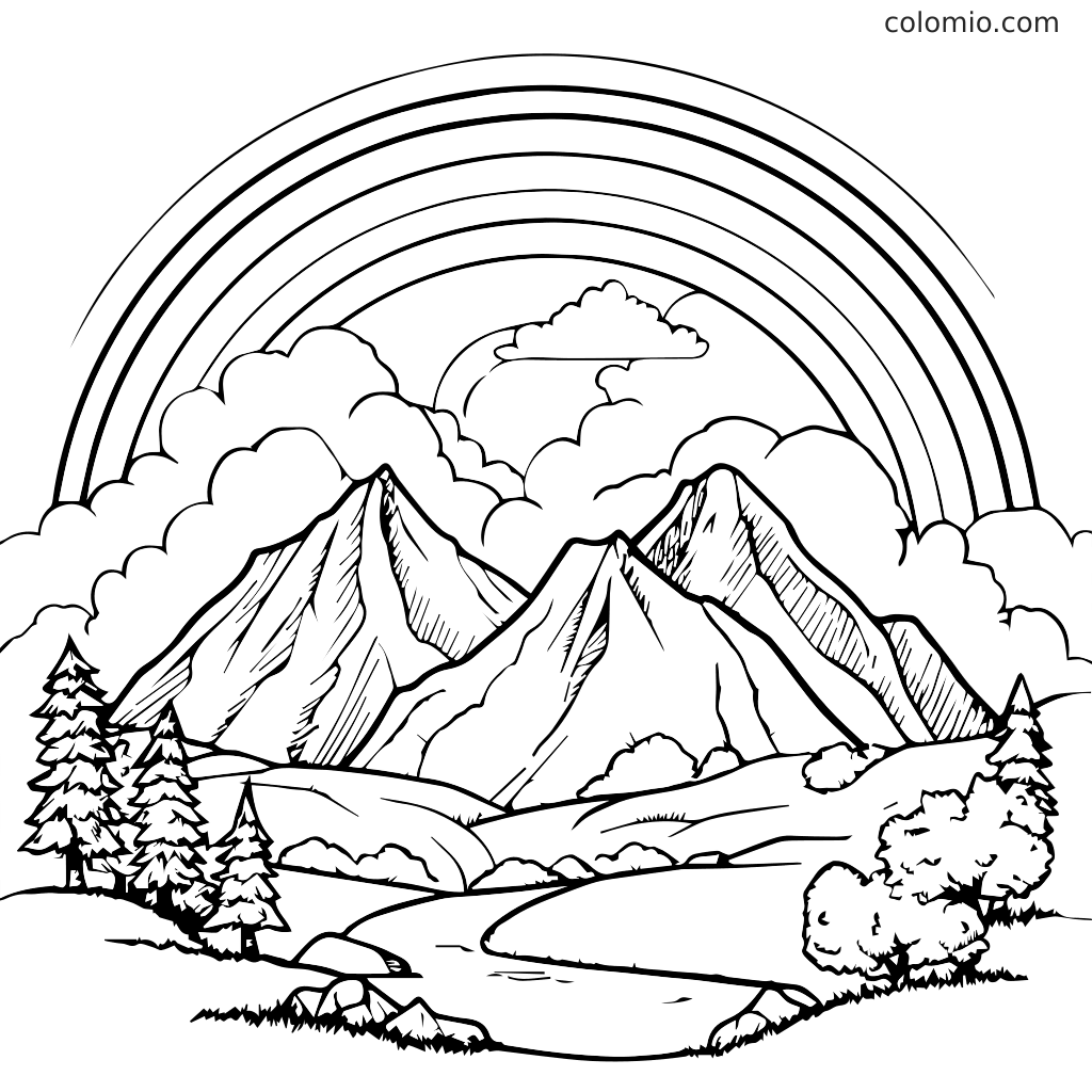 Una pagina da colorare dettagliata con montagne, un fiume, alberi e un arcobaleno nel cielo.