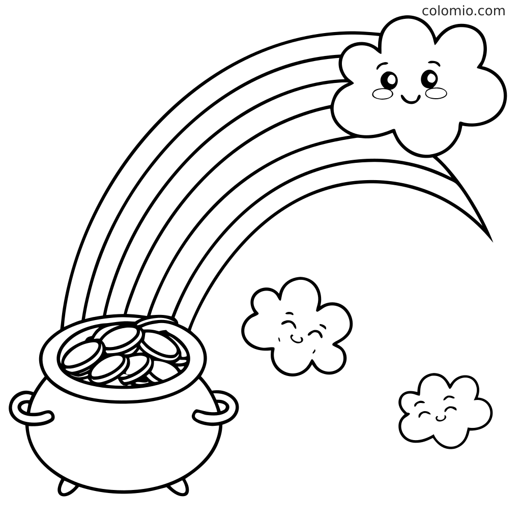 Een regenboog loopt van een pot met goud naar een glimlachende wolk, met daaronder twee kleinere wolken in een eenvoudige lijntekening.