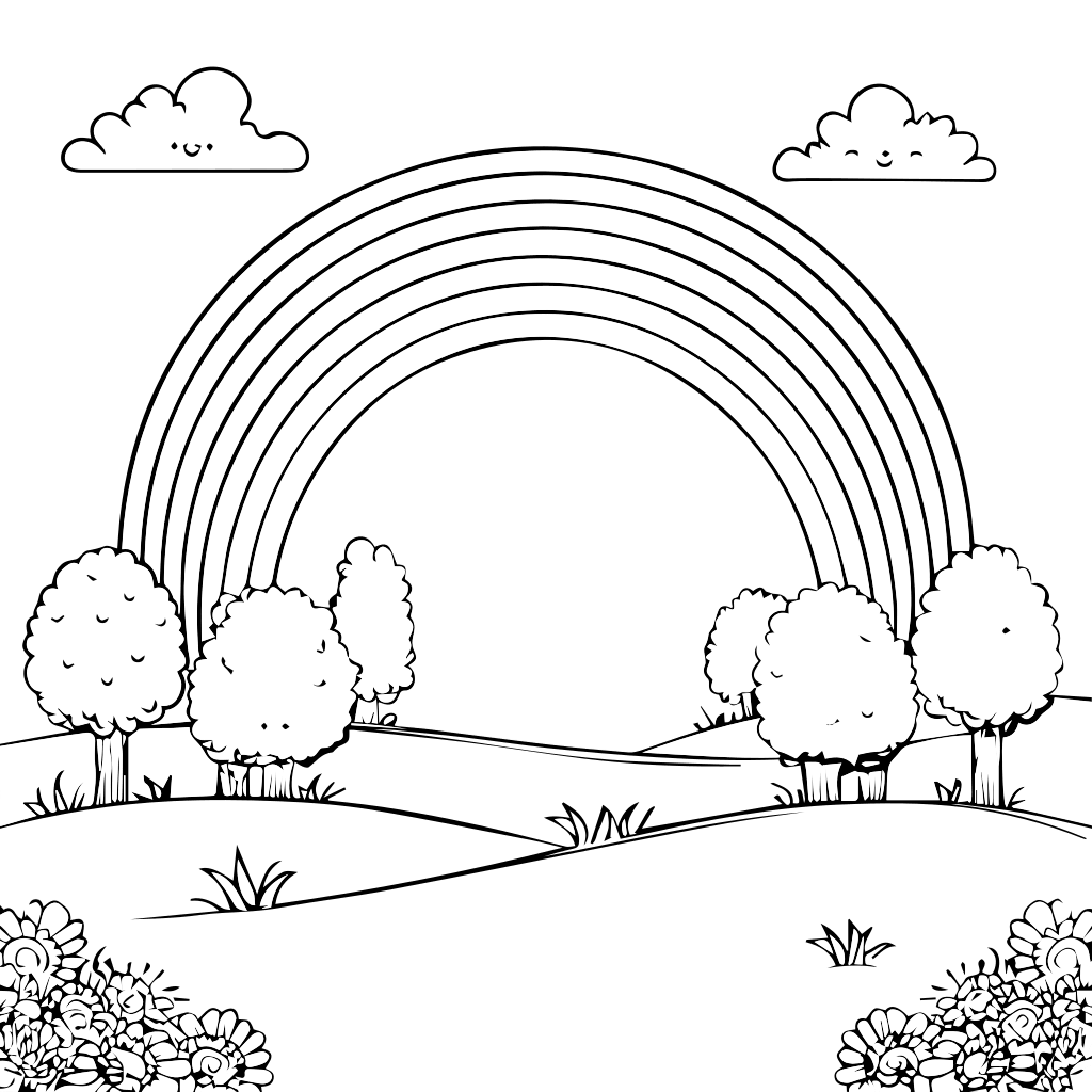 Una pagina da colorare in bianco e nero con un arcobaleno, alberi, nuvole e fiori in un paesaggio scenico.