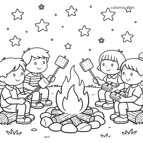 Vier kinderen zitten onder een sterrenhemel rond een kampvuur en roosteren marshmallows voor s'mores.