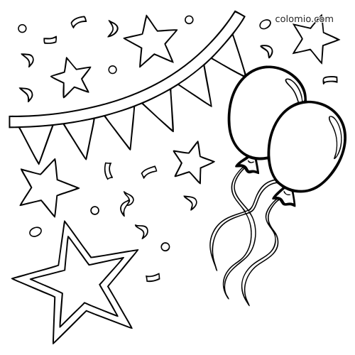 Verjaardagsontwerp met een gebogen sterrenslinger, twee zwevende ballonnen rechts en verspreide confetti.