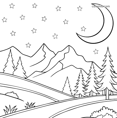 Berglandschap met een dennenbos, glooiende heuvels, sterren en een grote halve maan in een nachtelijke scène.