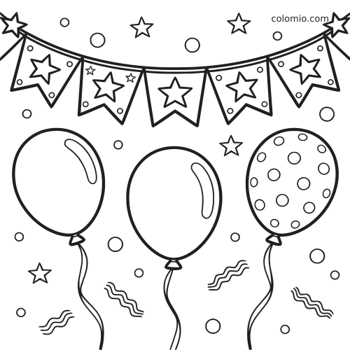 Eenvoudige verjaardagskleurplaat met een slinger met sterren, drie ballonnen, confetti en serpentine in zwarte lijnen.