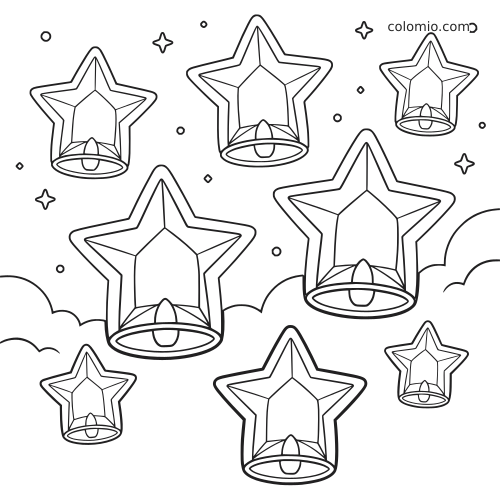 Zwart-witte lijntekening van eenvoudige sterlantaarns die in een nachtelijke lucht zweven, met kleine sterren en wolken.