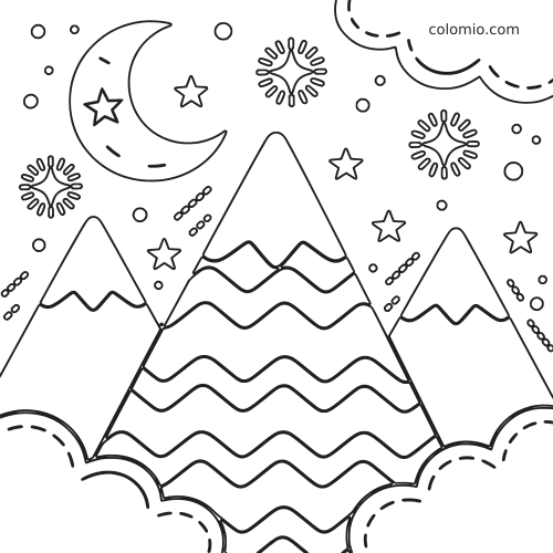 Eenvoudige lijntekening van bergen onder een maansikkel met sterren, wolken en fonkelende vormen in de nachtelijke lucht.
