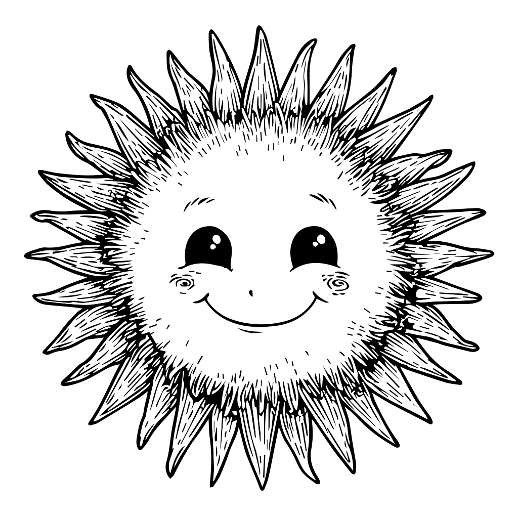 A cheerful sun character with a smiling face and spiky rays, designed for coloring.