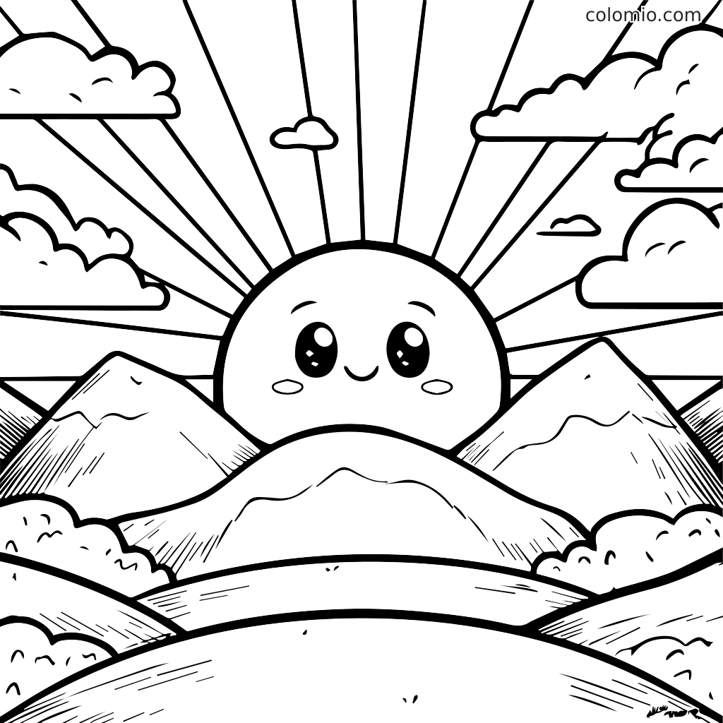 A cheerful sun with a smile rises behind mountains and clouds, ready for coloring.