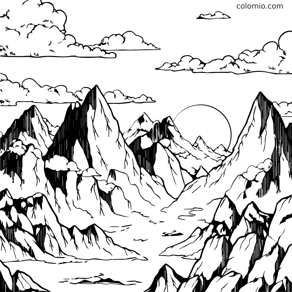 A detailed black and white outline of a mountain landscape with clouds and a sun, perfect for coloring.