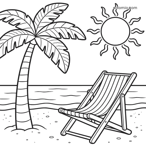 Cena simples de praia com um coqueiro, sol forte, mar ao fundo e uma cadeira de praia listrada na areia.