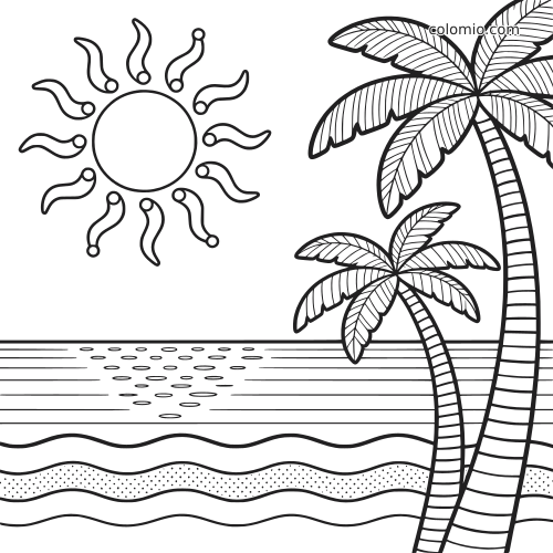 Cena simples de praia com um grande sol sobre o oceano e duas palmeiras em primeiro plano, em contornos pretos grossos.