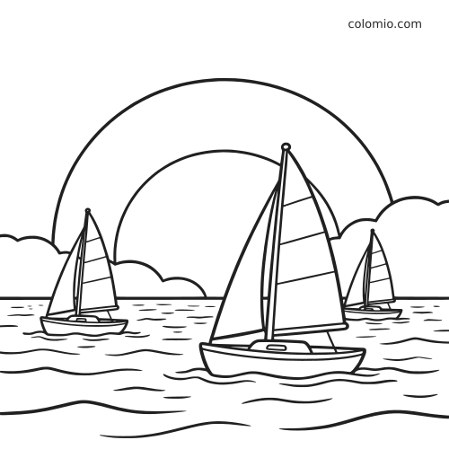 Desenho em traços simples de três veleiros no mar ao pôr do sol, com sol grande, nuvens e ondas suaves.