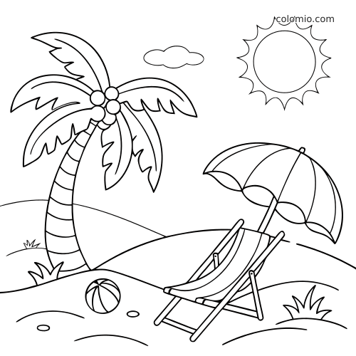 Cena de praia com cadeira de praia, guarda-sol, coqueiro, sol, nuvem e bola sobre a areia em estilo simples.