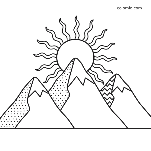 Desenho para colorir em preto e branco de um sol nascendo atrás de uma cadeia de montanhas com picos estampados e raios ondulados.