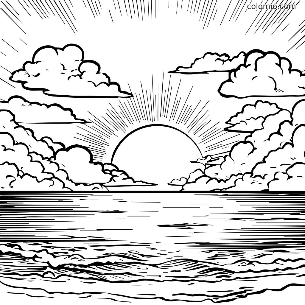 En linjetegning farvelægningsside, der viser en solnedgang over havet med skyer og bølger.