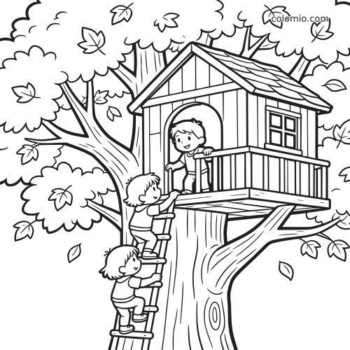 Zwart-witte kleurplaat van een boomhut in de herfst met drie kinderen, twee op een ladder en één op de veranda.