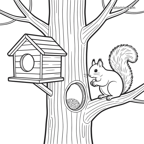 Zwart-witte kleurplaat van een boom van dichtbij met een eekhoorn op een tak, een vogelhuisje en een holte in de stam.