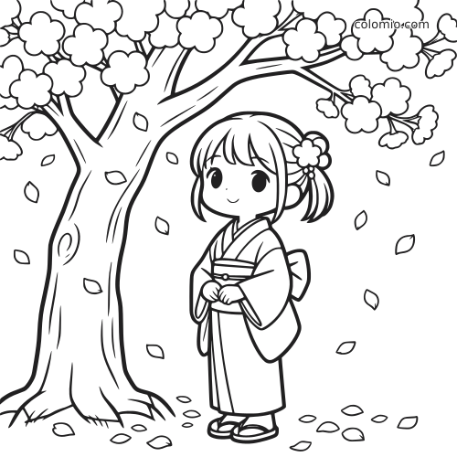Een meisje in een kimono staat onder een kersenbloesemboom terwijl bloemblaadjes om haar heen naar beneden vallen.