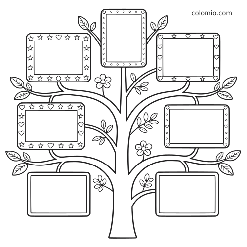 Een stamboom-sjabloon met zeven fotolijstjes, versierde randen, bladeren en kleine bloemen in eenvoudige zwarte lijnen.