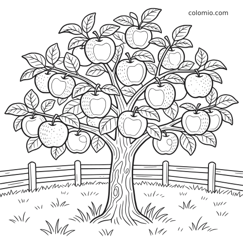 Zwart-witte kleurplaat van een gedetailleerde appelboom met veel appels, bladeren, gras en een hek in een boomgaard.