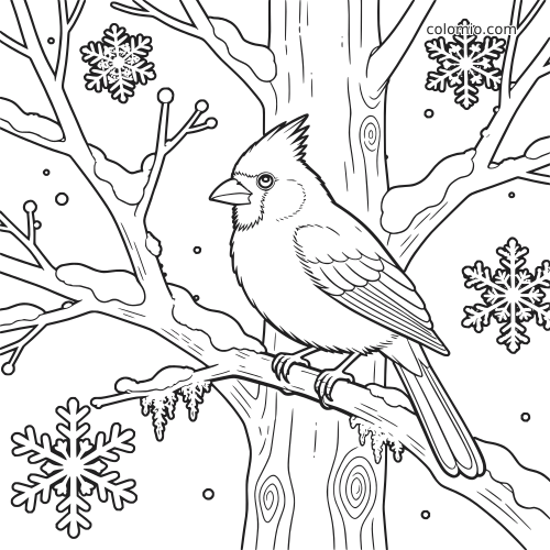 Een gedetailleerde kardinaal zit op een besneeuwde boomtak, met grote sneeuwvlokken in een winters tafereel.