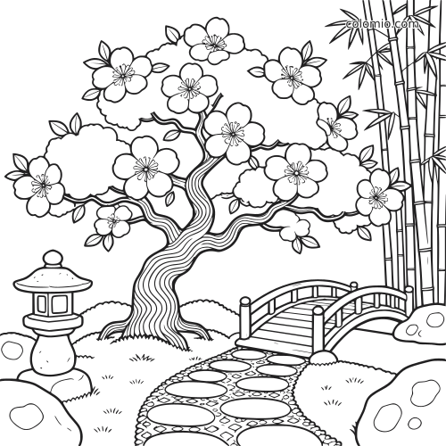 Een gedetailleerde sakuraboom in een Japanse tuin met een gebogen brug, stenen lantaarn, bamboe en stapstenenpad.