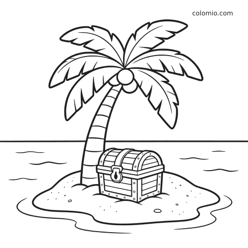 Eenvoudige zwart-witte tekening van een palmboom op een klein eiland met een schatkist eronder aan de waterkant.