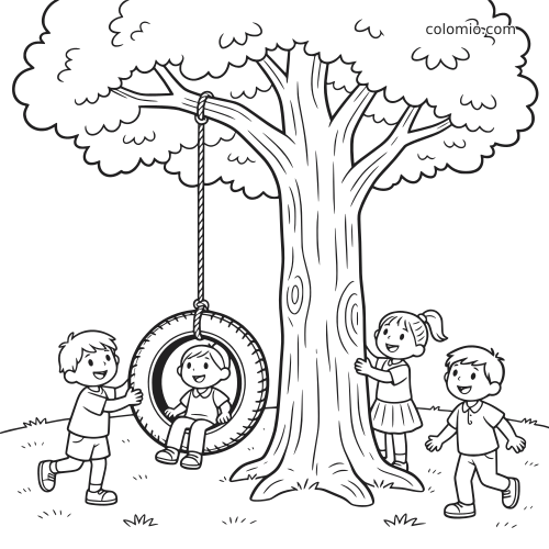 Eenvoudige zwart-witte scène van een eikenboom met een bandschommel en vier kinderen die rond de stam spelen.